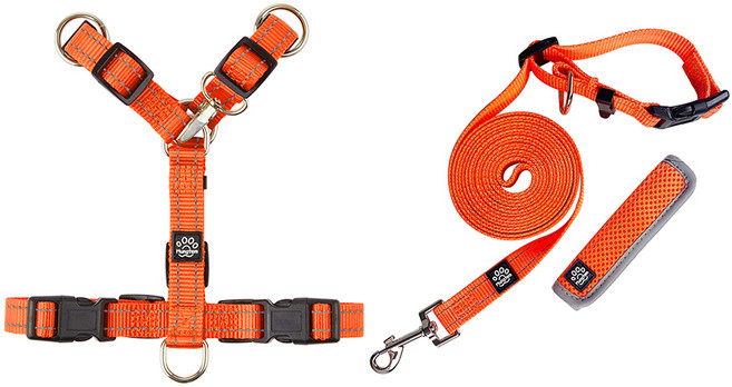 멍템 강아지 H형 하네스 + 핸즈프리 리드줄 세트, 오렌지, 1개