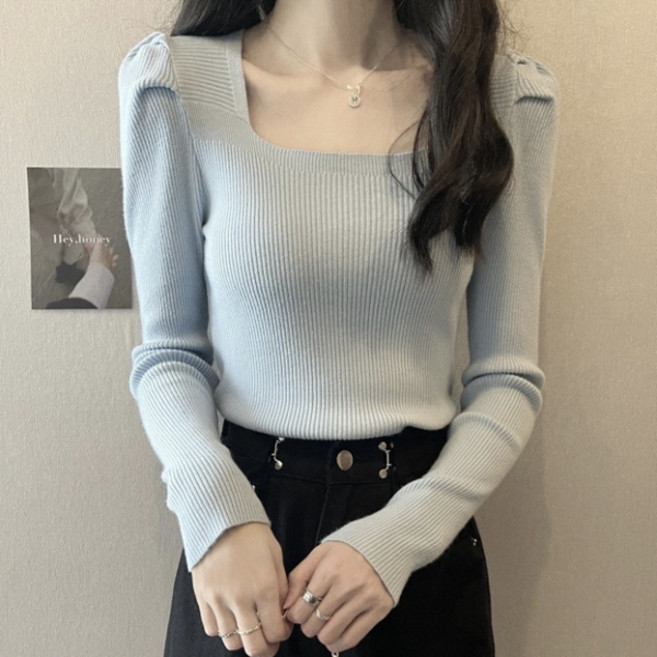 피어니스트 여성용 퍼프소매 스퀘어넥 니트 티셔츠