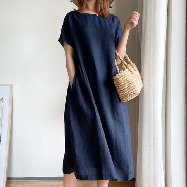 PEONIST 寬鬆Plus短袖長版連身裙 含大尺碼, 海軍藍