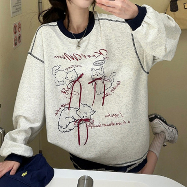 더플로우커머스 여성용 고양이 리본 프린트 루즈핏 맨투맨