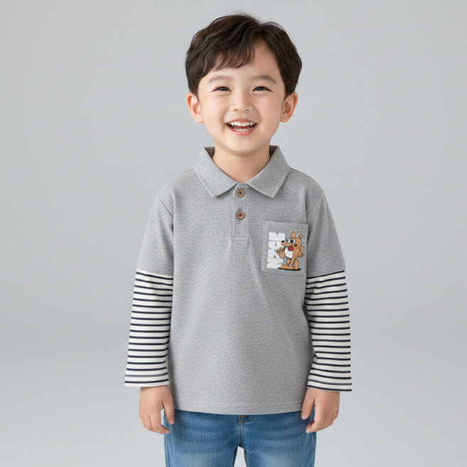 JOYMULTI Dog Pocket 層次感條紋長袖翻領T恤