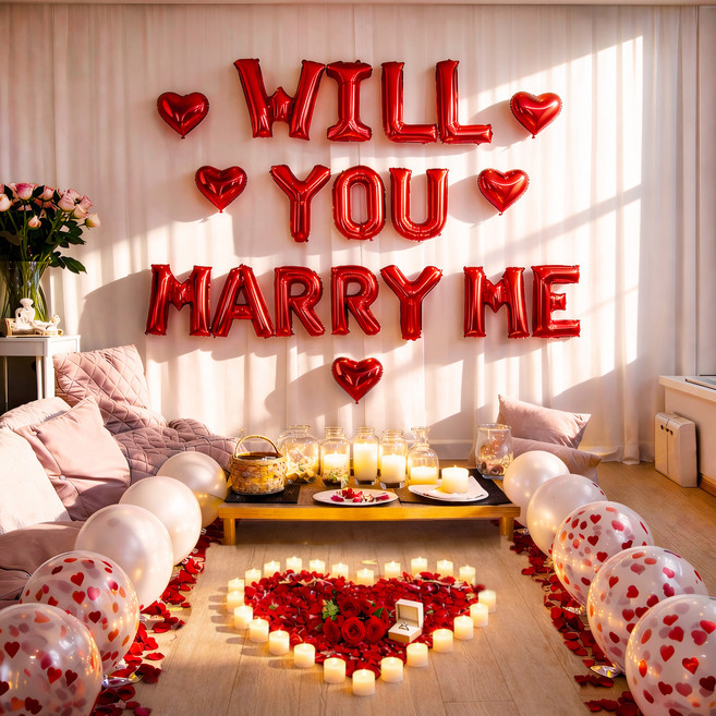 PARTYSHOW Will You Marry Me 求婚LED蠟燭字母氣球DIY套組, 紅色, 1套