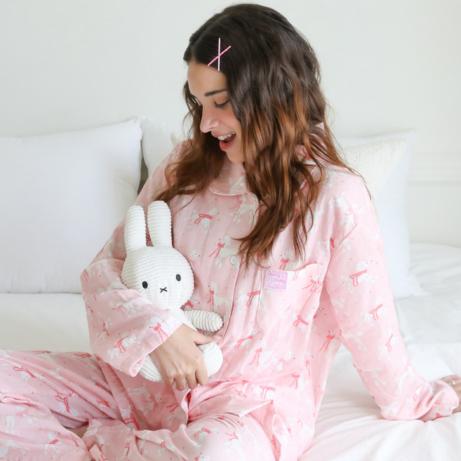 Starry Petty 女款可愛貴賓狗雙層純棉睡衣 + 明信片 + 購物袋組合