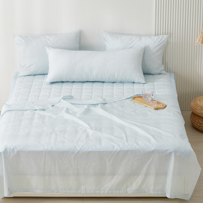 지베딩 체크 듀라론 냉감 홑이불 + 패드 + 베개 세트