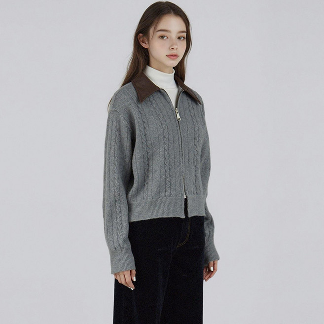 부루앤쥬디 여성용 레더 카라 울 니트 집업 점퍼 BORKJP508B