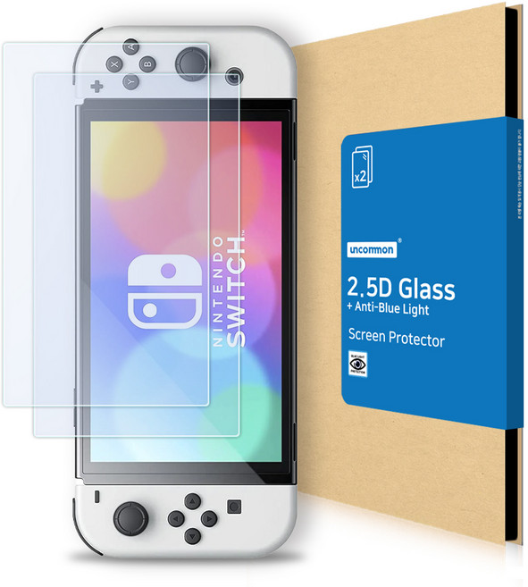 언커먼 닌텐도 스위치 OLED 시력보호 블루라이트 차단 강화유리 보호필름 2p 세트, 1세트