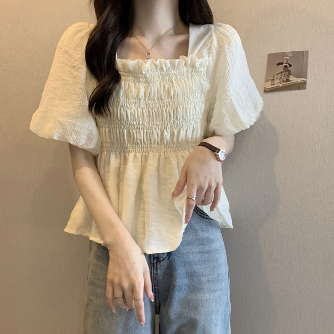 I'M MONG 女款Elomi縮褶鬆緊泡泡袖短袖上衣