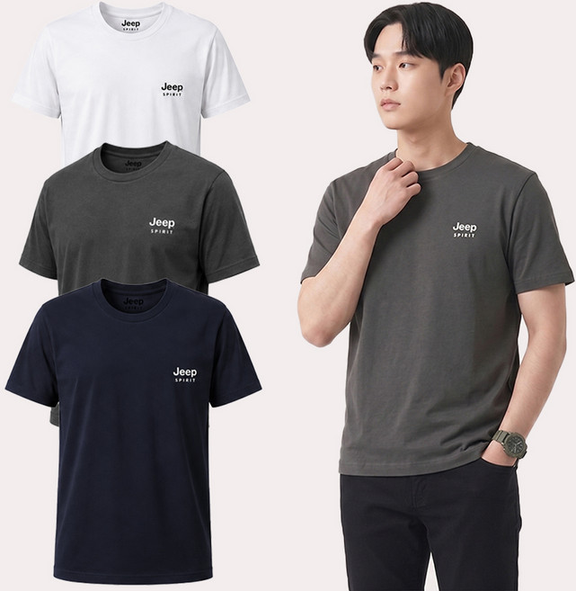 JEEP SPIRIT 男女通用透氣圓領重點短袖T恤 3件組, 白色, 海軍藍, 灰色