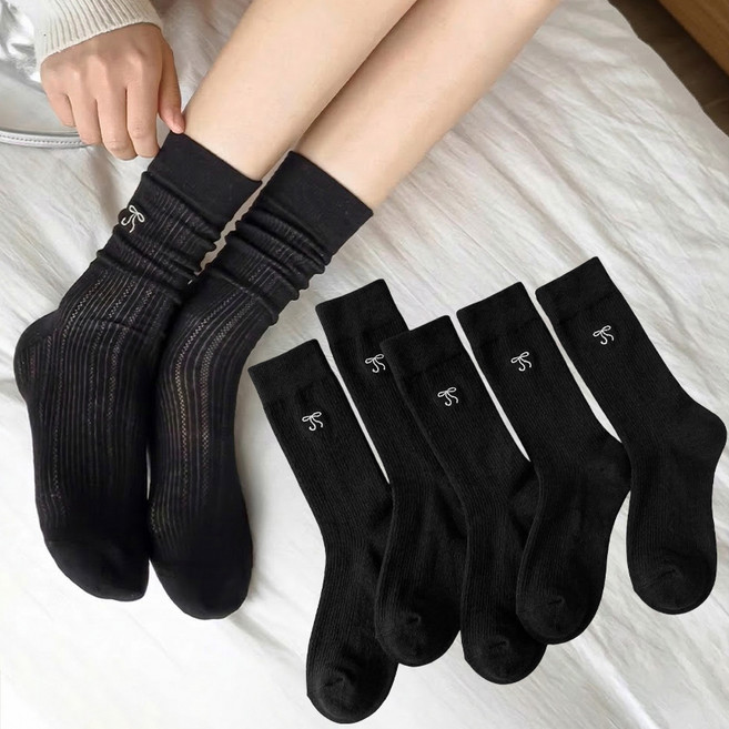 삭스판다 여성용 리본 레이스 시스루 장목 양말 5켤레