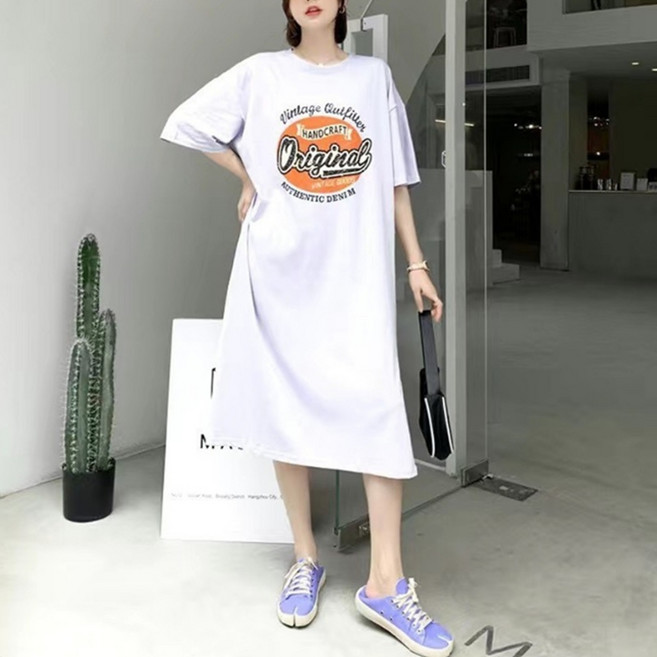 Andaromi 原創印花寬鬆長版連身裙, 白色