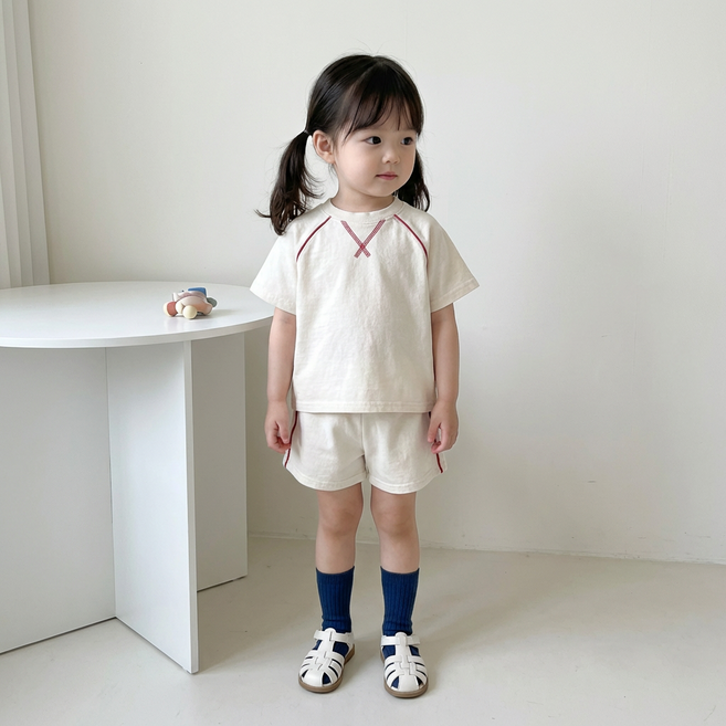 베베니즈 스티치라인 캐주얼 반팔 상하의 세트