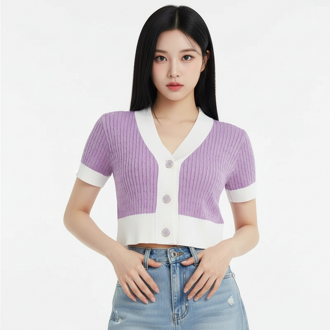 마켓피아 여성용 배색 버튼 가디건 크롭 V넥 반팔티