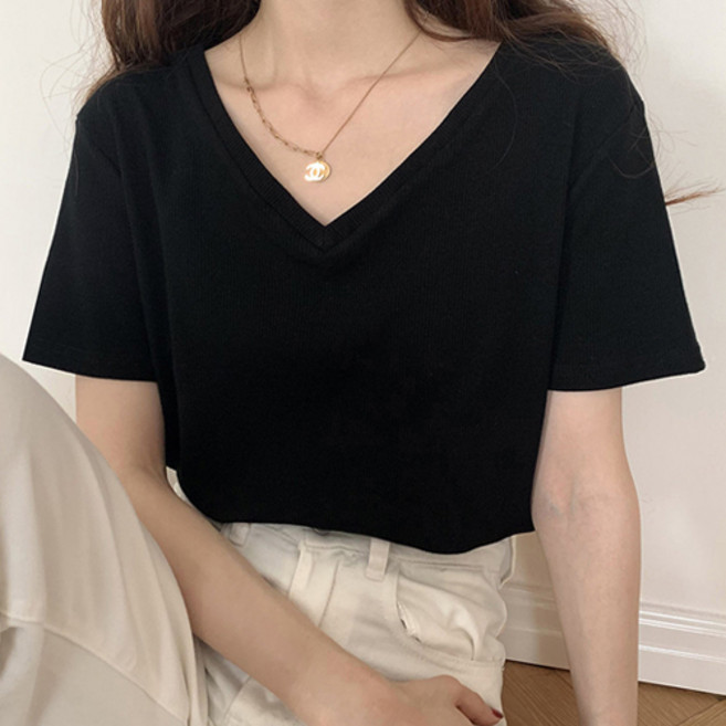 파라다이소 여성용 브이넥 골지 반팔 데일리 이너 티셔츠