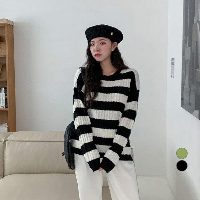 베러스윗 여성용 라운드넥 단가라 긴팔 니트