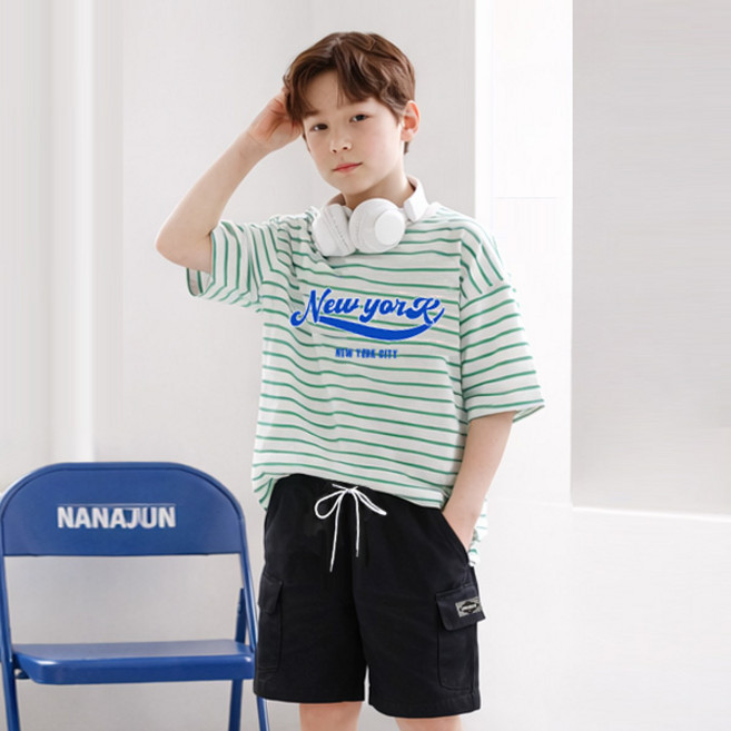 나나주니 아동용 라운드넥 뉴욕단가라 유니크 5부 바지 + 반팔 티셔츠 세트