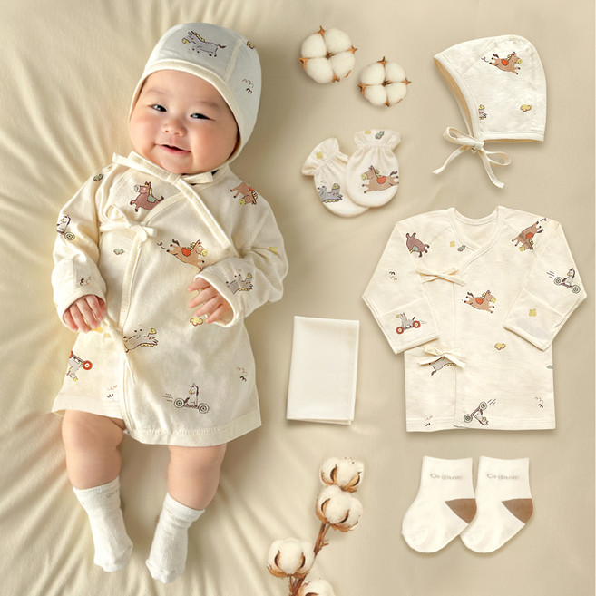 ikii 신생아용 오가닉 말띠 배냇저고리 긴소매 5종 세트