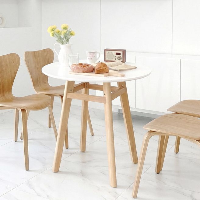 홈페리 루미 원형 원목 테이블 800, 2인용, 화이트