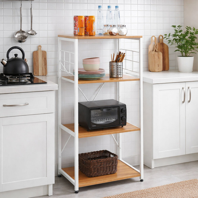 가구느낌 전자레인지 밥솥 수납장, 네추럴화이트, 4단