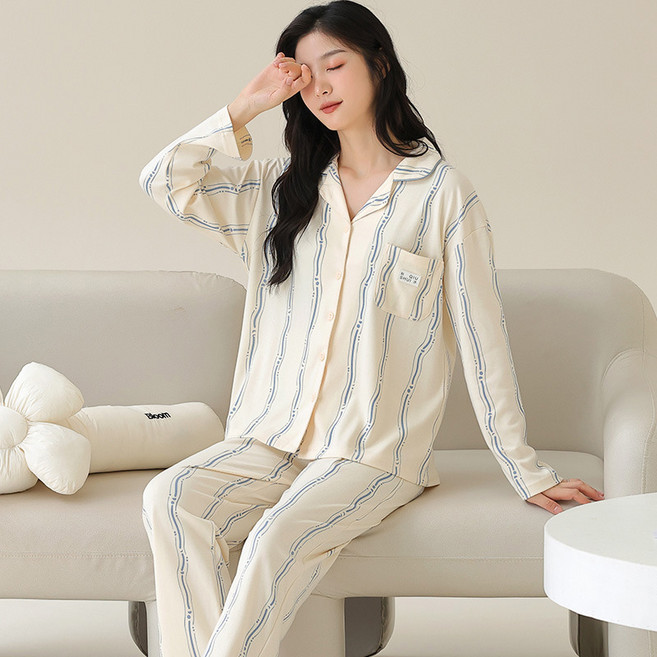 Janaba 情侶款 波浪紋節約翻領長袖居家服睡衣套裝 264136