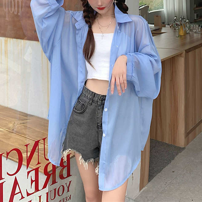 TheSirup 女款雪紡透視薄款泡泡袖襯衫