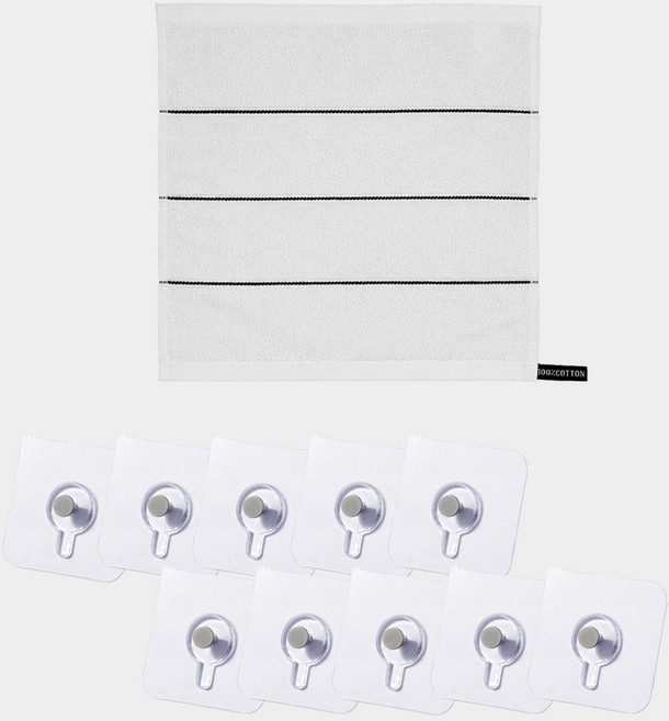모나코올리브 호텔식 스트라이프 핸드타월 + 나사매직 후크 10p 세트, 화이트(핸드타월), 단색(후크), 1세트