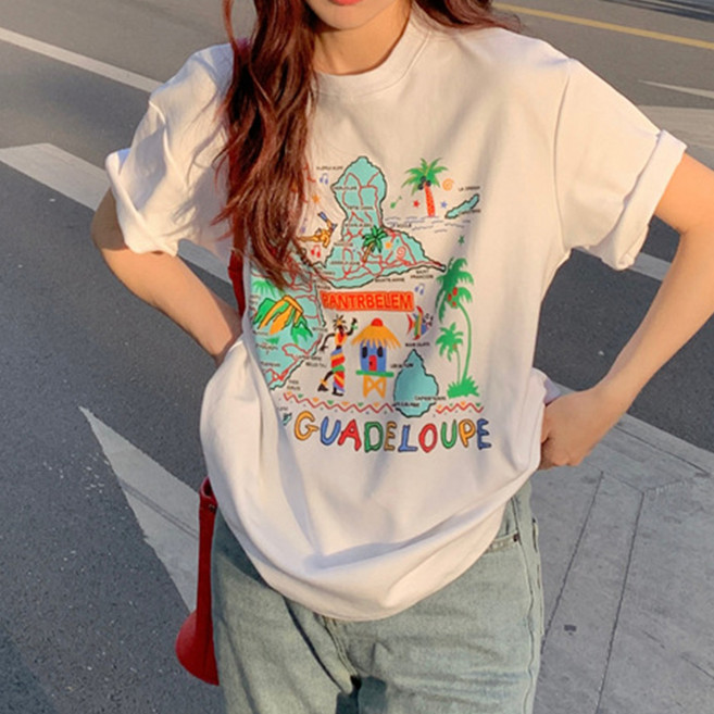 젤루나 여성용 순면 100% 루즈핏 라운드 반팔 티 TH-20