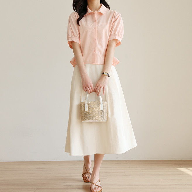 모이르벨라 르엘 핀턱 플레어 통기성 롱 스커트 P24SS2-A0300