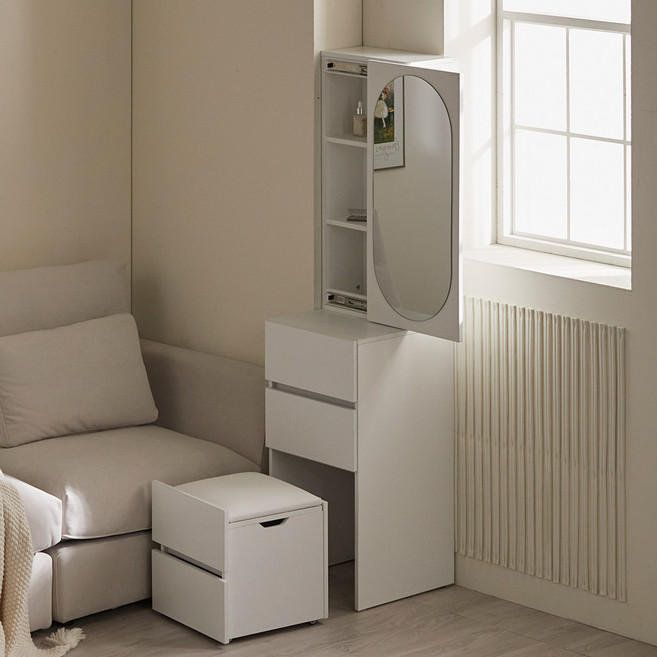 파로마 코니2 A 라운드 거울 수납 틈새화장대 + 스툴 세트 방문설치, 화이트