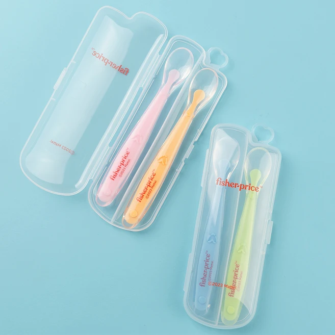 피셔프라이스 실리콘 소프트 이유스푼 4종 + 케이스 2p 세트, 블루, 그린, 핑크, 오렌지(스푼), 1세트 - 쿠팡