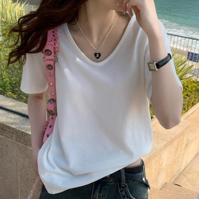 아이캔심플 여성용 루즈핏 브이넥 데일리 베이직 반팔티셔츠