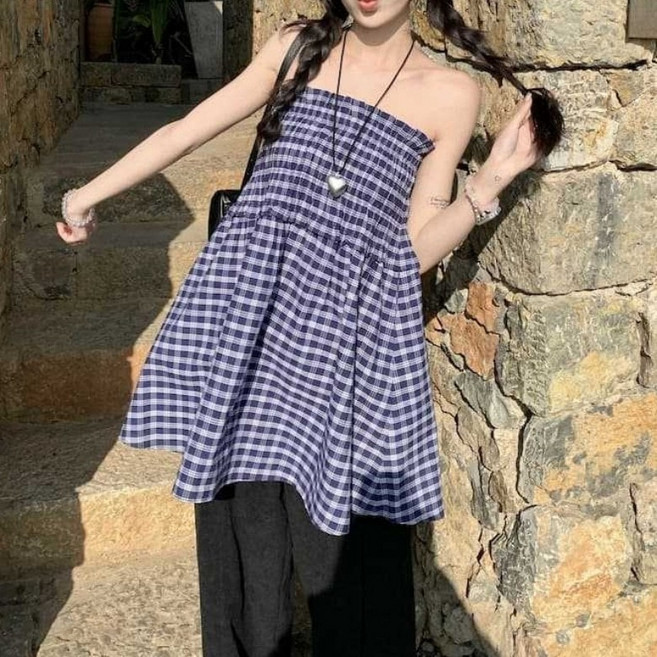 아이엠몽 여성용 루즈핏 튜브탑 밴딩 체크 프릴 탑 미니 원피스 R6H162