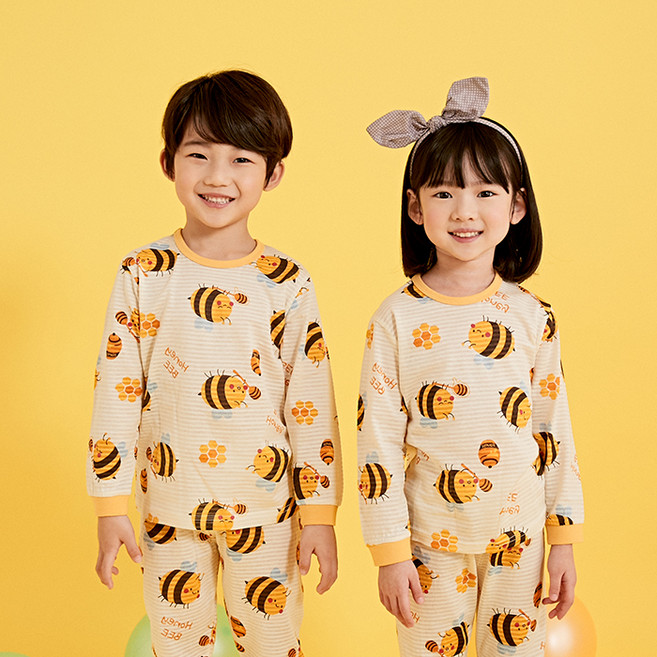 올로미미 아동용 꿀벌 오가닉 9부 자카드 실내복 상하의 세트