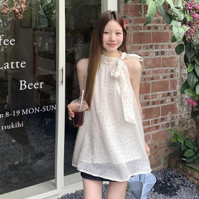 피어니스트 여리 쉬폰 도트 홀터넥 블라우스