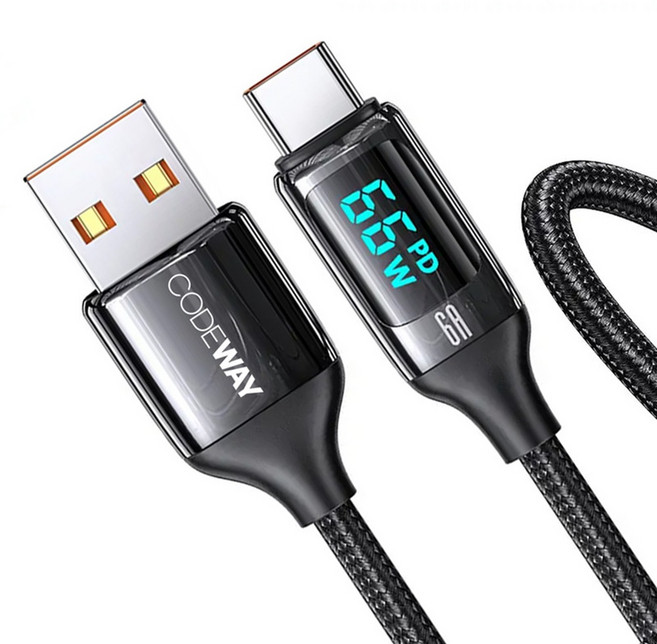 CODEWAY A-C 數位顯示充電傳輸線, 1個, 黑色, 1.2m