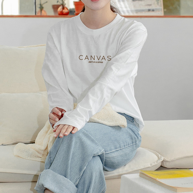 험블스튜디오 여성용 캔버스 레터링 라운드 베이직 코튼 긴팔 티셔츠 FF_436