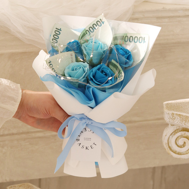 용돈 비누꽃 돈꽃다발 LED조명 5송이 세트, 오션블루, 1개