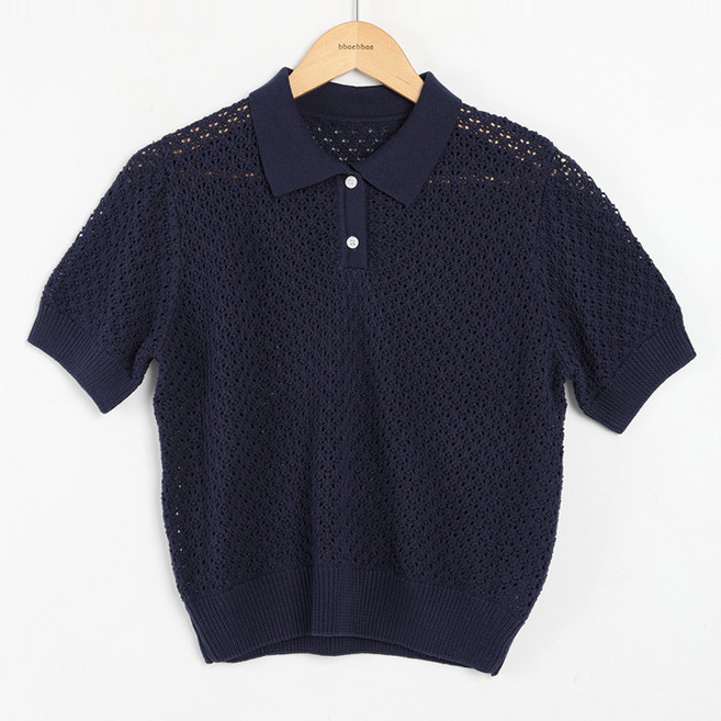 빼빼 여성용 카라넥 스카시 비침 반팔 니트 티셔츠