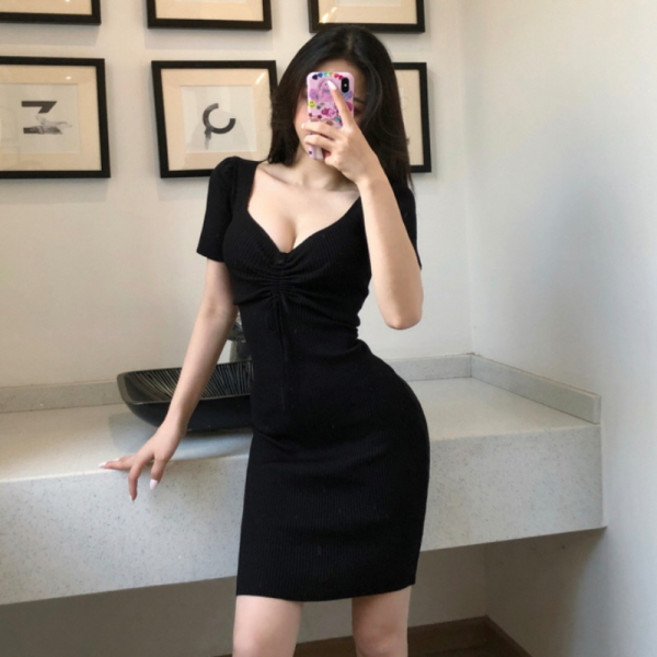 Pianist抽繩性感迷你連身裙, 黑色