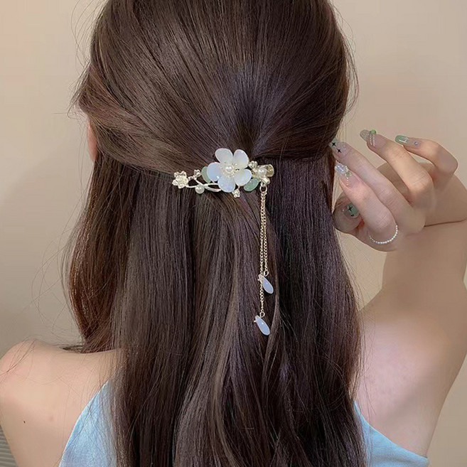 젤루나 백목련 비즈 스톤 플라워 체인 수술 드롭 반묶음 고정 우아한 올림머리 헤어핀 H-227