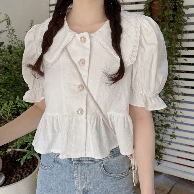 MarketA 女款比利荷葉邊領短袖襯衫