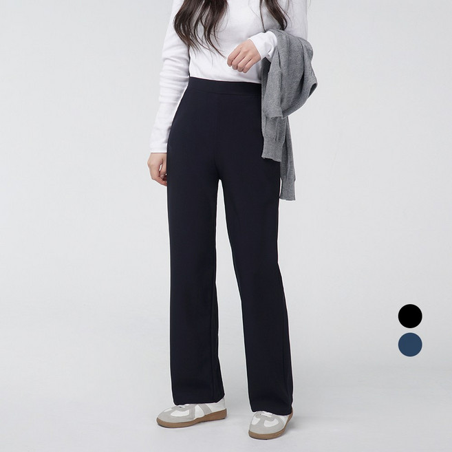 Cotton Closet 女款高腰長版直筒彈性鬆緊帶西裝褲