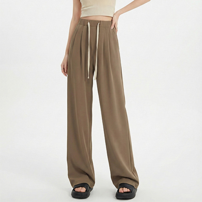 파라다이소 여성용 하이웨스트 구김없는 스트레이트 밴딩 팬츠