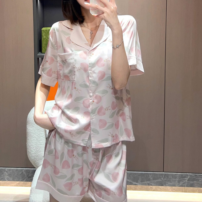 Eolipeul 女性柔軟絲質花朵領短袖上下睡衣套裝