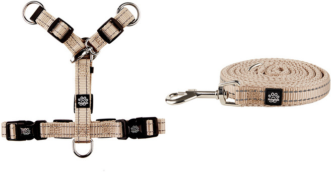 멍템 강아지 H형 하네스 + 메쉬 리드줄 세트, 베이지, 1개