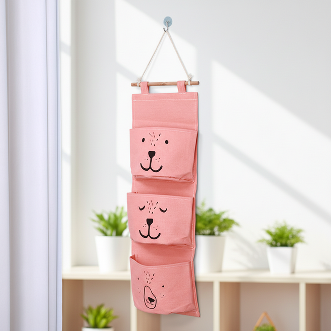 조인메이드 곰 침대 옆 도어 패브릭 방수 가방 보관 벽걸이 수납 포켓, 핑크
