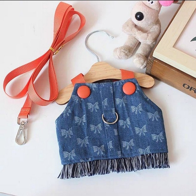 코코스튜디오 강아지 데님 프린지 멜빵 하네스 세트, 진청, 1세트