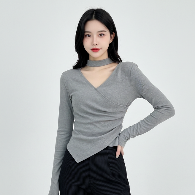 마켓피아 여성용 랩 스타일 초커넥 긴팔 티셔츠
