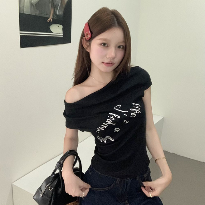 디멜디 여성용 오프숄더 슬림핏 여름 바캉스 반팔티셔츠