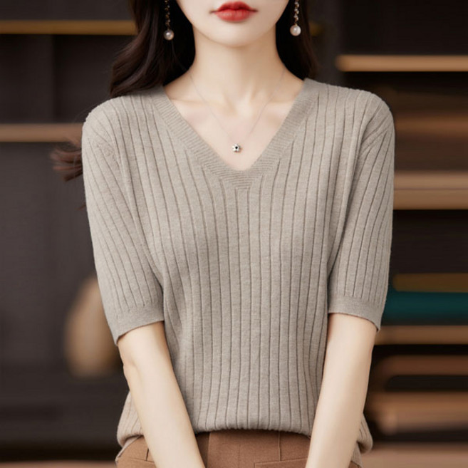 선빛 여성용 레티브 브이넥 골지 반팔 니트