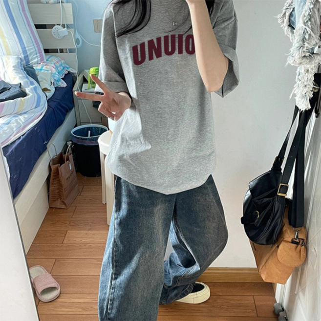 피어니스트 여성용 레트로 스트레이프 오버핏 캐주얼 반팔티